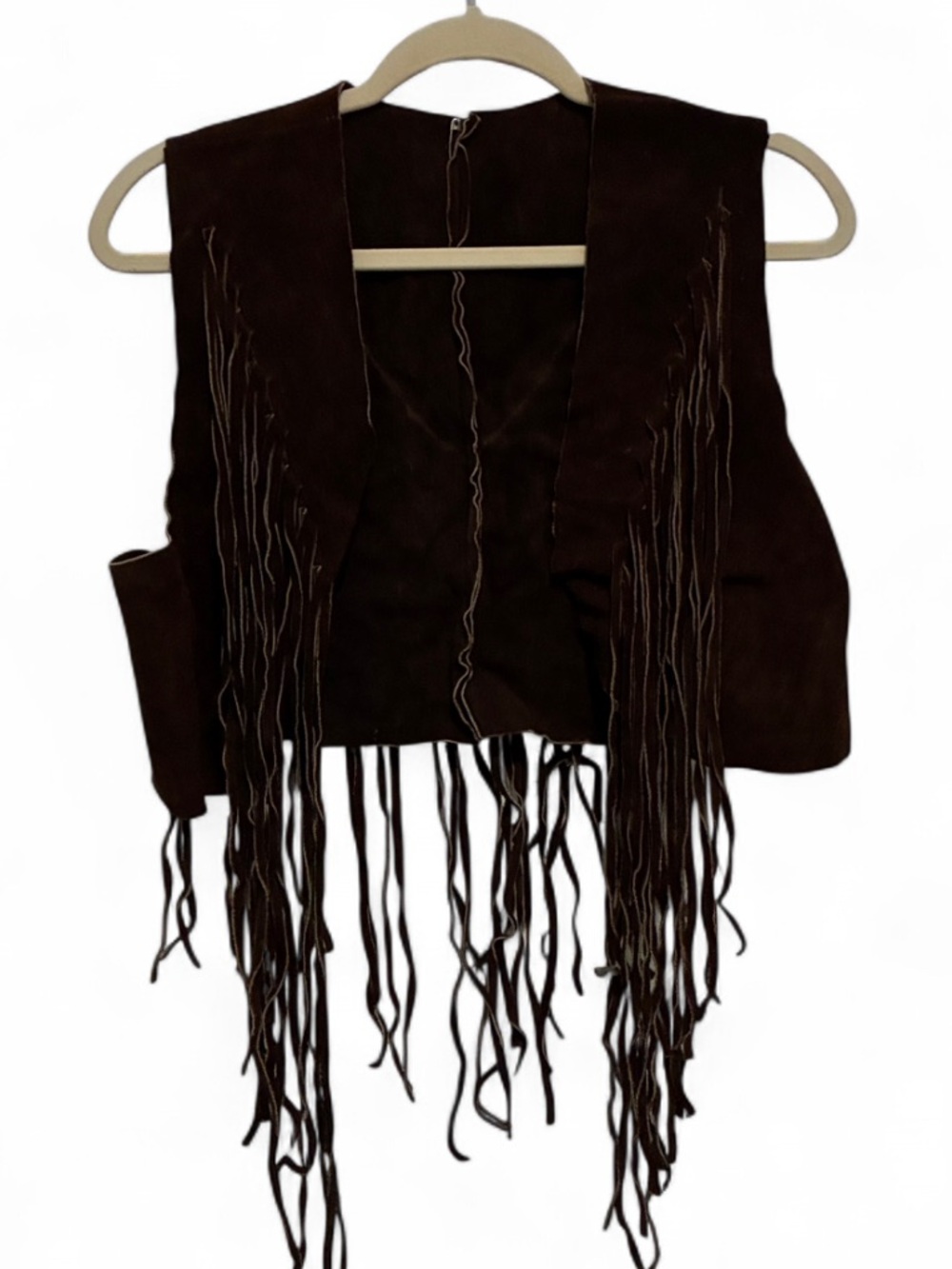 Vintage Handmade Dark Brown Suede Fringe Open Front Sleeveless Vest